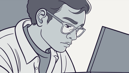 illustration of man working on laptop computer with glasses for business and technology concept use 