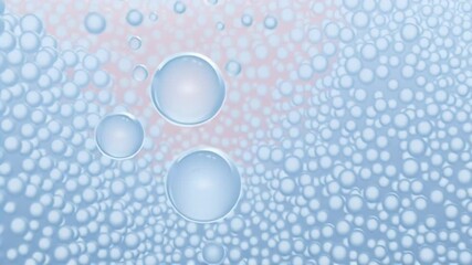 Poster - Animation. Abstract illustration of water bubbles floating in a soft blue background, creating a serene atmosphere with gentle gradients and light reflections, ideal for design projects and background