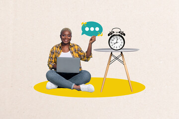 Aufkleber - Photo collage template trend artwork sketch of mind note comment bubble text young lady sit work laptop clock time hand hold speech cloud