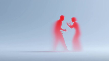 Poster - Animation. Abstract illustration of two figures in red hues, expressing emotions and gestures, set against a soft blue background, symbolizing connection and communication in a minimalist style