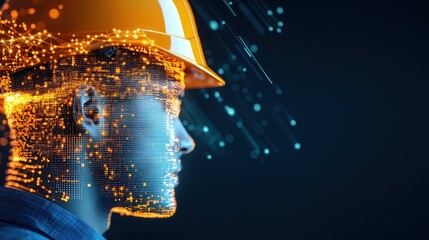 Fototapete - Engineer warehouse shipping concept. Digital art of a construction worker with tech-inspired elements and a hard hat.