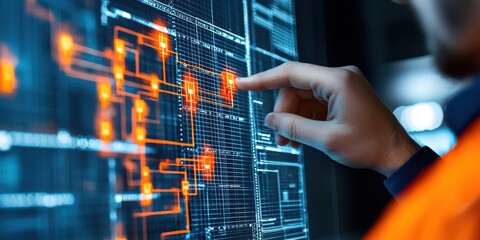 Fototapete - Engineer warehouse shipping concept. A person interacting with a digital interface displaying complex data and circuits.