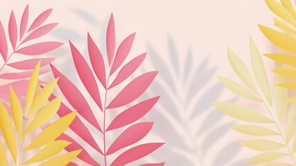 Poster - Animation. Colorful tropical leaves in shades of pink, yellow, and green create a vibrant backdrop, casting soft shadows against a light pastel background, enhancing visual appeal and tranquility