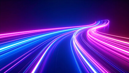 Poster - Bright, flowing neon light trails on a dark background create a dynamic and futuristic atmosphere, suggesting movement and energy