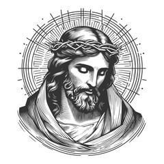 Wall Mural - jesus christ with crown of thorns and radiant halo, drawn in vintage engraving style sketch engravin