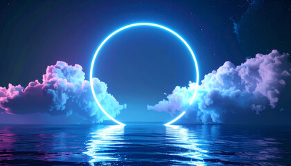 Poster - A serene, ethereal scene featuring a glowing blue circle over tranquil waters, surrounded by soft, colorful clouds under a starry sky