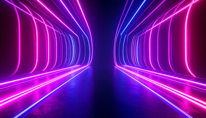 Poster - A vibrant, futuristic tunnel illuminated by neon pink and blue lights, creating a dynamic and immersive atmosphere