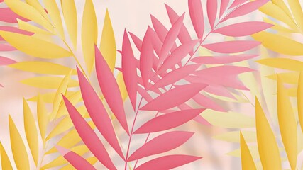 Poster - Animation. Colorful tropical leaves in shades of pink and yellow create a vibrant backdrop, showcasing nature's beauty and diversity in a soft, dreamy atmosphere with copy space
