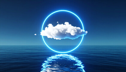 Poster - A serene scene of a cloud encircled by a glowing ring, reflecting on calm water under a clear blue sky