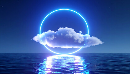 Poster - A glowing cloud rests over shimmering water, illuminated by a circular halo, creating a serene and dreamlike atmosphere