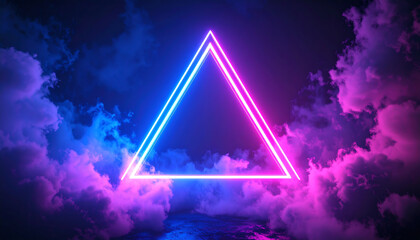 Poster - A vibrant neon triangle glows amidst swirling clouds, creating a mesmerizing visual effect in a dark atmosphere
