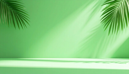 Poster - A vibrant green background with palm leaves casting shadows, creating a fresh and tropical atmosphere
