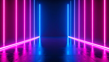 Poster - A futuristic corridor illuminated by vibrant pink and blue neon lights, creating a visually striking atmosphere with reflective surfaces