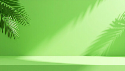 Poster - Vibrant green backdrop with palm leaves casting shadows, creating a fresh, tropical atmosphere