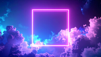 Poster - A vibrant cosmic scene featuring a glowing neon frame amidst colorful clouds and a starry sky, creating a surreal, dreamlike atmosphere