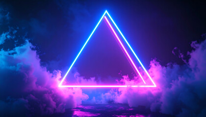 Poster - A glowing neon triangle emerges from vibrant clouds, creating a surreal and mesmerizing visual effect in a dark environment
