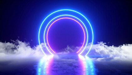 Poster - A vibrant neon portal glows in a misty atmosphere, creating a surreal and futuristic scene with colorful lighting effects