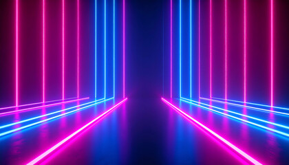 Poster - Vibrant neon lights create a stunning visual effect in a dark space, highlighting lines of blue and pink that evoke a modern, futuristic atmosphere