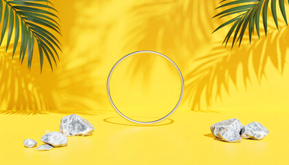 Poster - A vibrant yellow background features a circular frame surrounded by smooth stones and tropical leaves, creating a fresh, modern aesthetic