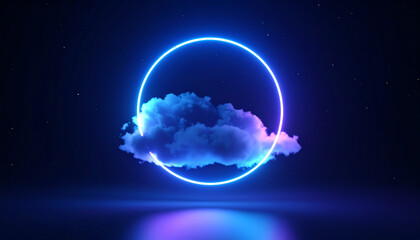 Poster - A glowing cloud encircled by a neon ring, set against a dark starry background, creating a surreal and dreamy atmosphere