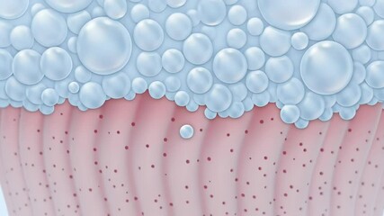 Poster - Animation. Close-up view of transparent bubbles floating on a soft blue background, creating a serene and calming atmosphere, ideal for backgrounds and design projects