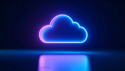 Poster - A glowing neon cloud icon against a dark background, reflecting light for a modern, digital aesthetic
