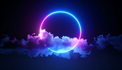 Poster - A vibrant neon circle glows amidst colorful clouds against a dark background, creating a surreal and dreamy atmosphere