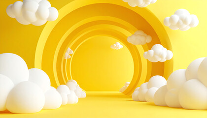 Poster - Bright yellow tunnel with white clouds, creating a whimsical and cheerful atmosphere, perfect for imaginative themes or playful design concepts