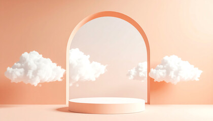 Poster - A serene, minimalistic scene featuring a soft peach background with fluffy clouds framed by an elegant arch, creating a dreamy atmosphere