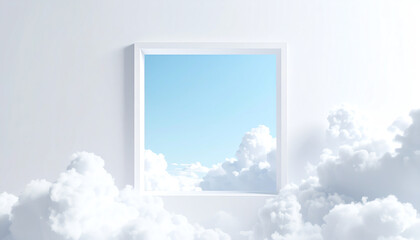 Poster - A serene window frame reveals a bright blue sky, surrounded by fluffy clouds, creating a tranquil and dreamlike atmosphere