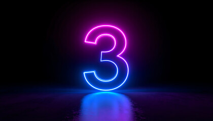 Poster - A glowing neon number three against a dark background, reflecting light, creating a modern and vibrant aesthetic