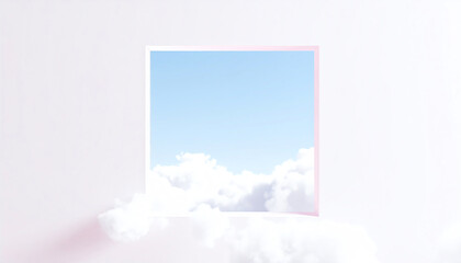 Poster - A serene view through a square frame, showcasing a bright blue sky and fluffy clouds, creating a dreamy and tranquil atmosphere