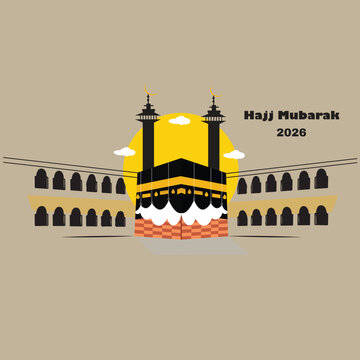 Minimalist Hajj Mubarak banner with Kaaba illustration in the center.