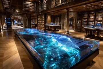 Poster - Stunning library interior featuring glowing cosmic display and rich wooden architecture