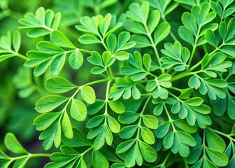 Wall Mural - Close-up shot of fresh herb rue leaves with unique veination on each leaf