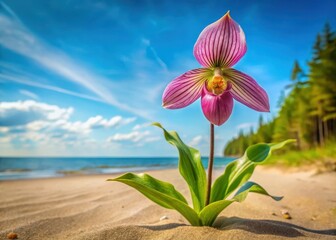 Wall Mural - Pink Lady's Slipper Orchid in full bloom on the beach