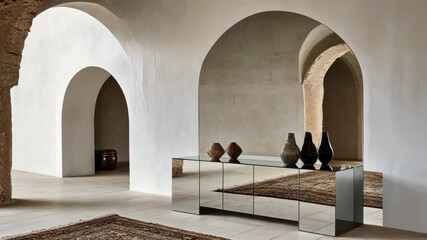 Poster - Exploring a serene interior space featuring arched architecture, reflective surfaces, and carefully arranged decorative items