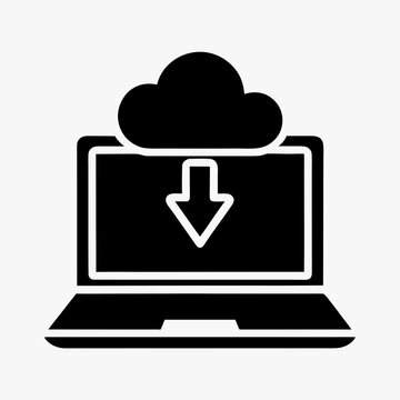 Cloud Download Icon with Laptop in Black and White Silhouette Style