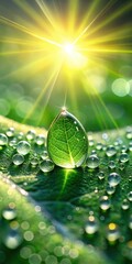 Wall Mural - Tiny droplets of dew glisten on a small green leaf's surface