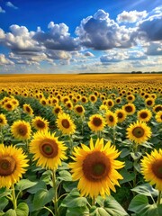 Wall Mural - Vast Sunflower Field with Yellow Blooms in a Flat Landscape