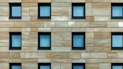 Poster - Close-up view of a modern building displaying a textured stone facade and orderly arrangement of rectangular windows reflecting sunlight