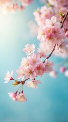 Wall Mural - A delicate cherry blossom branch with pale pink flowers against a soft blue sky background