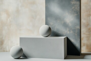 Poster - Elegant Minimalistic Scene with Geometric Forms and Concrete Spheres in Stylish Arrangement