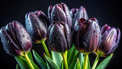 Wall Mural - Elegant Black Tulips with Dew Drops Dark Floral Elegance