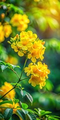 Wall Mural - Vibrant yellow flowers unfolding from slender branches in a lush
