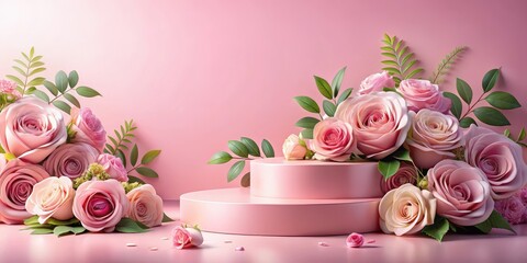 Wall Mural - podium with pink roses on a soft pink background
