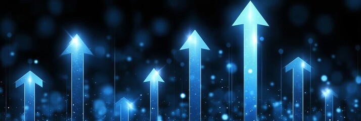 Poster - Dynamic Business Growth Concept with Glowing Blue Arrows and Abstract Digital Background for Success