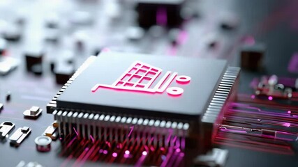 Poster - A computer chip with a shopping cart on it. The image has a futuristic and technological feel to it