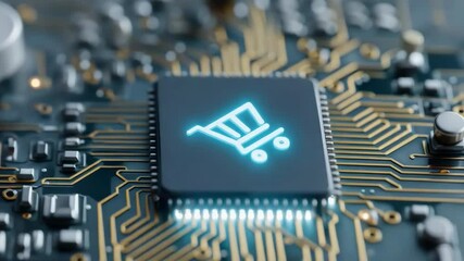 Poster - A computer chip with a shopping cart on it. The image has a futuristic and technological feel to it