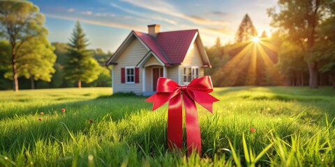 Wall Mural - A house with a red ribbon tied around its door and a pink bow sitting on a lush green lawn amidst nature's beauty